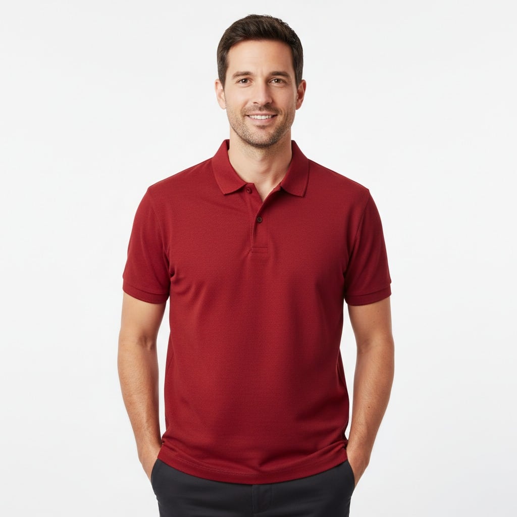 Um homem sorridente de cabelo escuro veste uma camisa polo vermelha e calça escura contra um fundo branco.